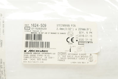 McroAire 1624-509 Steinmann Pin 3/32inch x 9inch (x) - Pack of 6